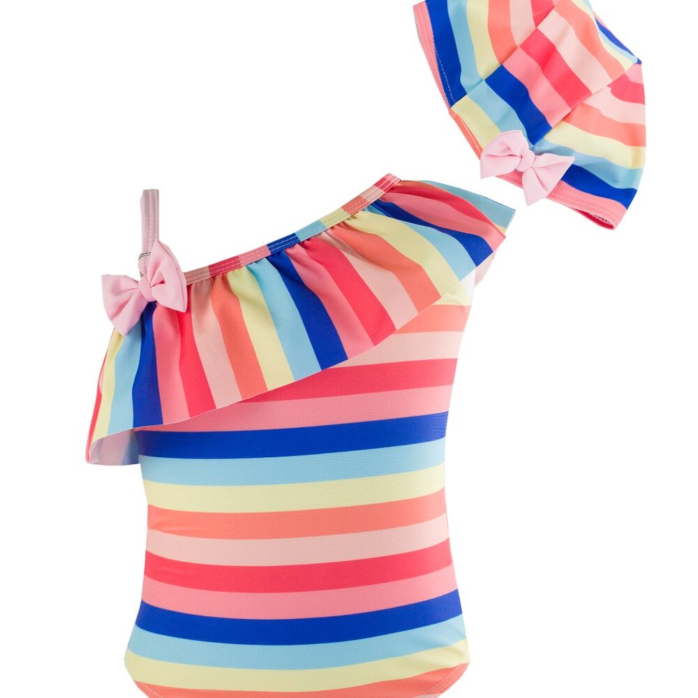 3T Rainbow Stripe One-Piece Toddler Girl Swimsuit & Swim Hat